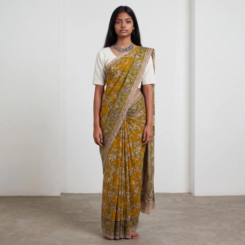 Pedana Kalamkari Screen-Print Mulmul Cotton Saree in Khaki Green