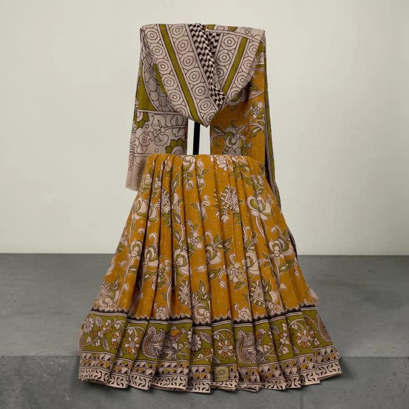 Pedana Kalamkari Screen-Print Mulmul Cotton Saree in Khaki Green view 5