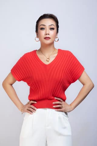 DRP SHOULDER V NECK RIB TOP