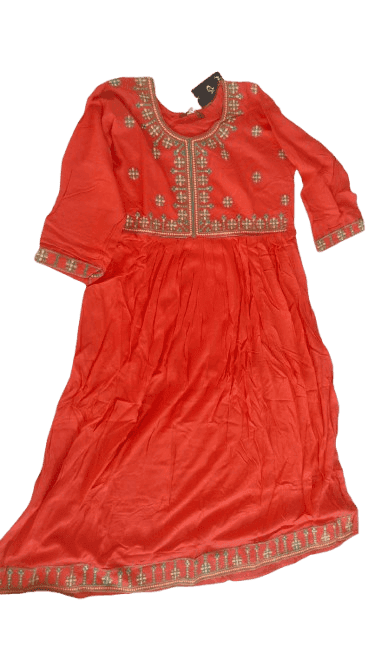 Red Embroidered A-Line Kurta with Mirror Work view 2