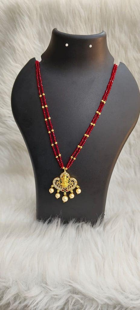 Traditional Indian Gold Plated Temple Pendant Necklace Set with Red Beads