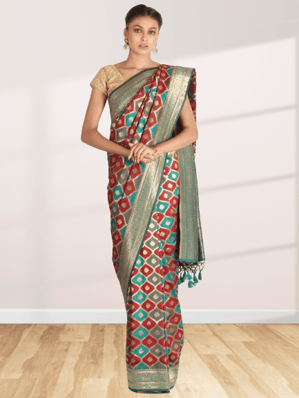 Red and Teal Tafetta Silk Saree