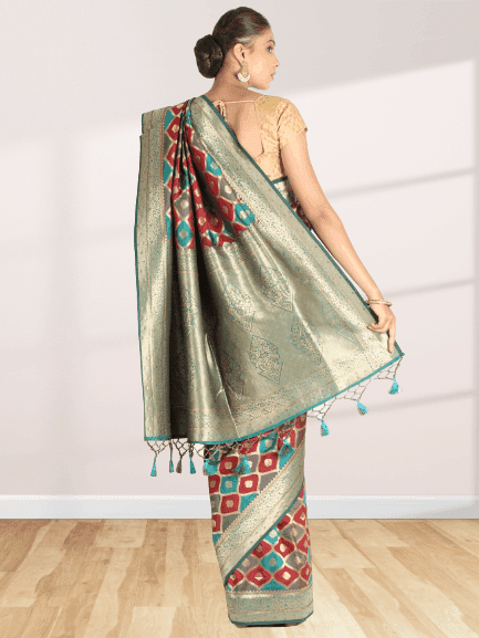 Red and Teal Tafetta Silk Saree view 2