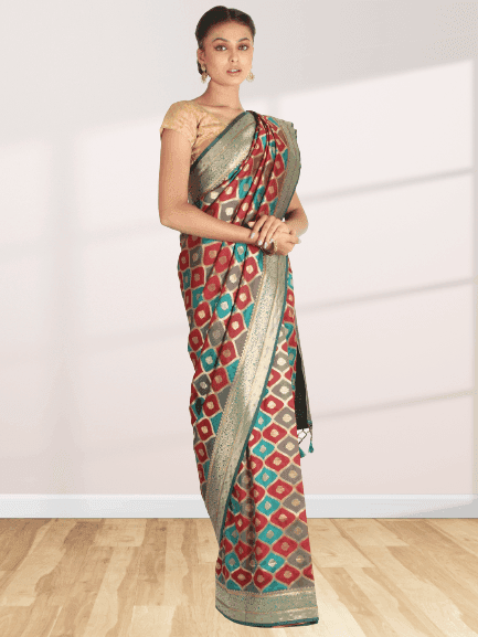 Red and Teal Tafetta Silk Saree view 3