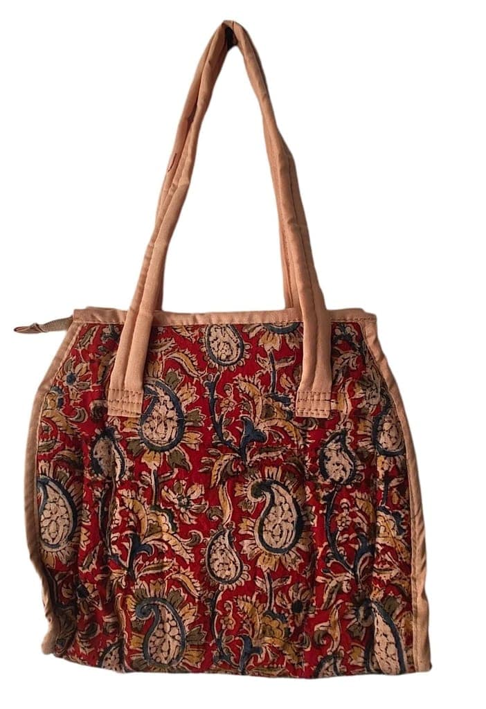 KALANKARI Handcrafted Red and Blue Paisley Print Cotton Tote Bag with Zipper Closure and Double Handles