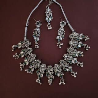 Oxidised German Silver Peacock Necklace with Jumki for Women and Girls