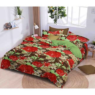 Black Bee Red Hibiscus Flowers Print On Brown Base Double Bedsheet With 2 Pillow Covers (208 X 213 Cm)(Bs8-03)
