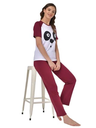 Klamotten Women's White Maroon Raglan Sleeves Top Pyjama Set GM04M