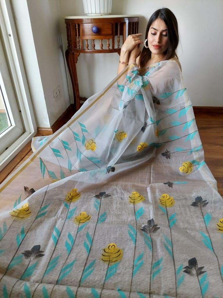 Hand Painted Organza Saree Off White Colour with touch of gold print in vibrant Indian colours and matching running Blouse-8533 view 2