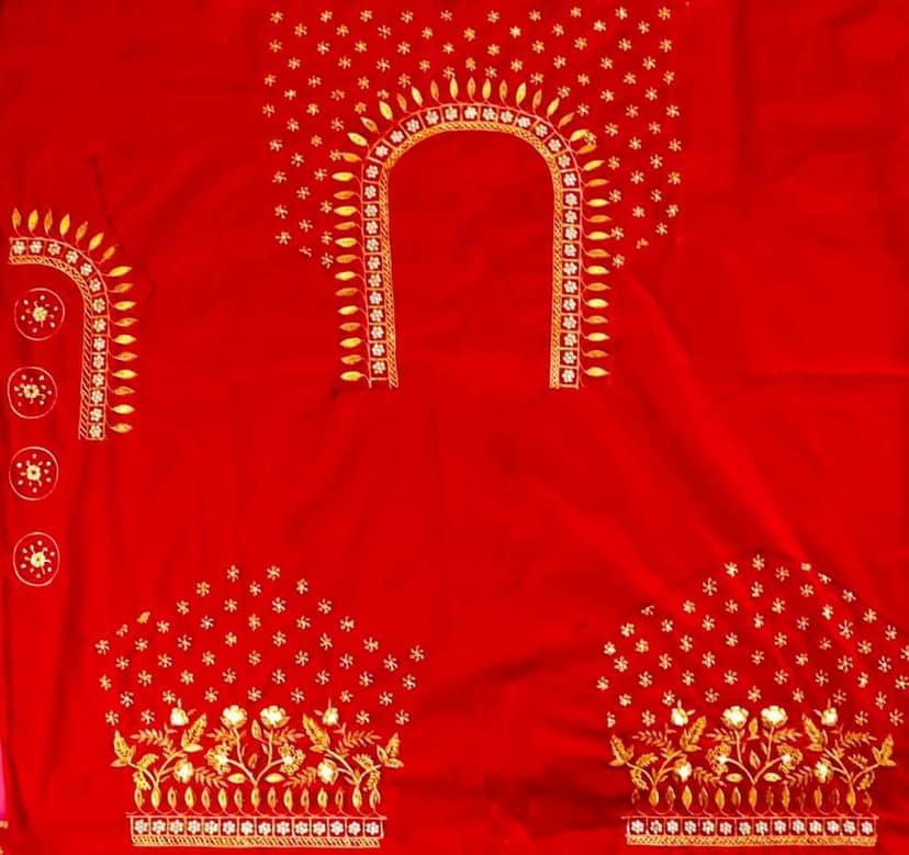 Red and gold embroidered blouse with intricate floral and leaf motifs, featuring a deep U-shaped neckline and pearl and sequin embellishments. view 2
