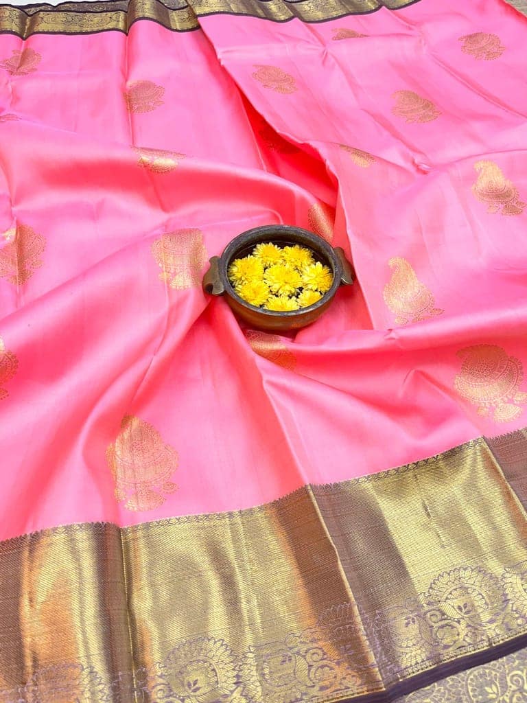 Baby Pink Color Pure Silk Saree Has Jhumka & Mango Butta Design with Unstitched Blouse