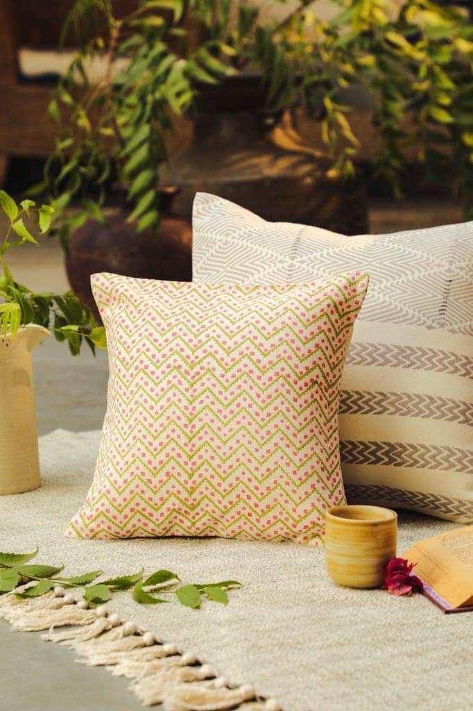 Aaira Pink Cushion Cover With Chevron And Dot Patterns