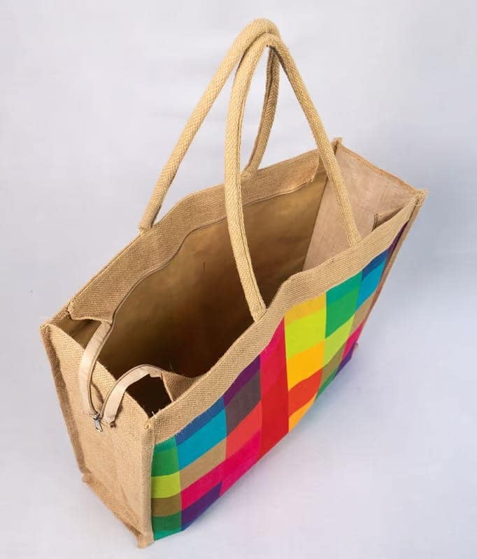 Vibrant Checkered Jute Tote Bag - Eco-Friendly & Stylish view 2