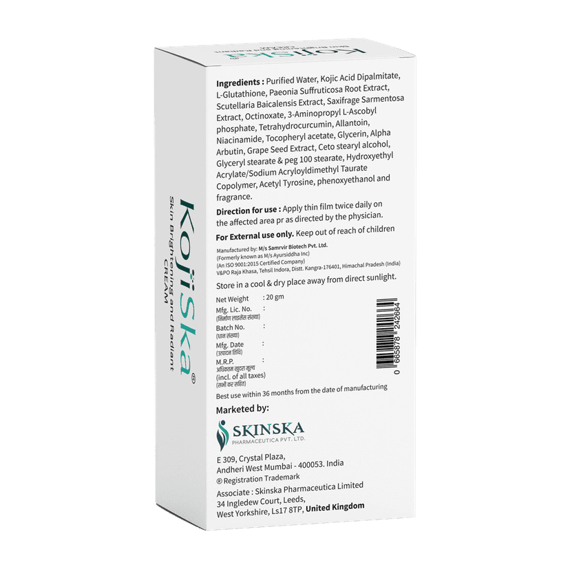 Kojiska Skin Brightening and Radiant Cream - Kojic Acid 2%, Arbutin and Glutathione for Pigmentation Correction, Fades Acne Scars, Blemishes, Hyperpigmentation, Reduces Pigmentation, 20gm Pack of 2 view 7