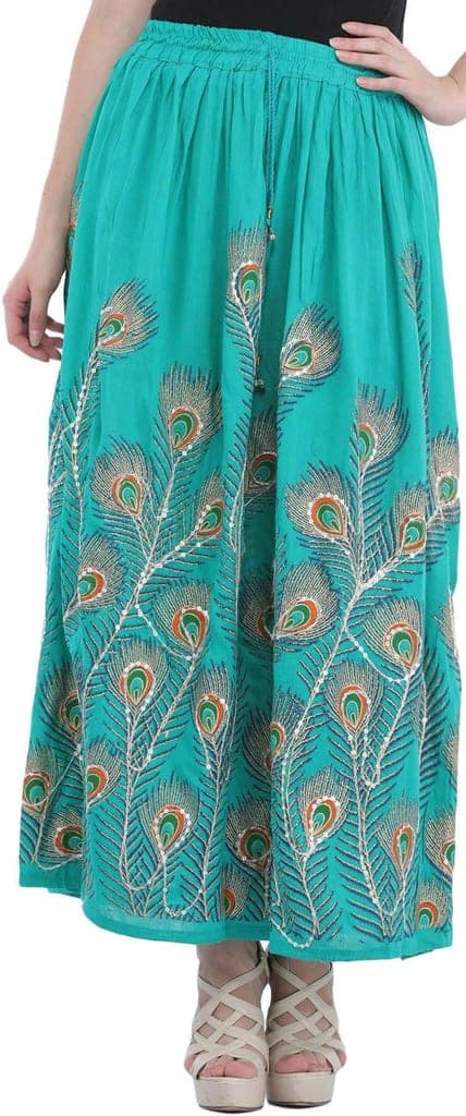 Sea-Green Long Skirt with Printed Peacock Feather and Embroidered Sequins