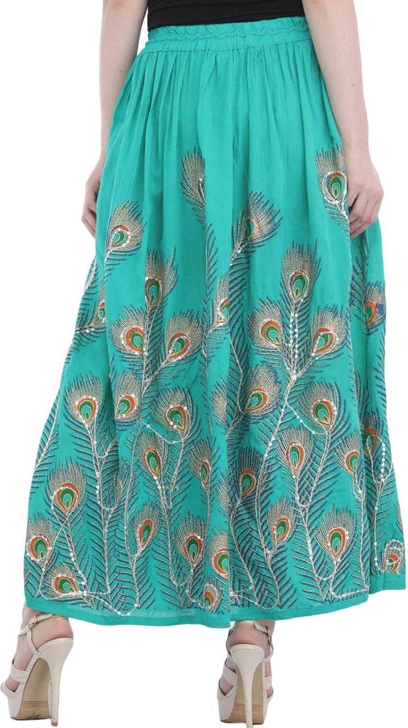 Sea-Green Long Skirt with Printed Peacock Feather and Embroidered Sequins view 2