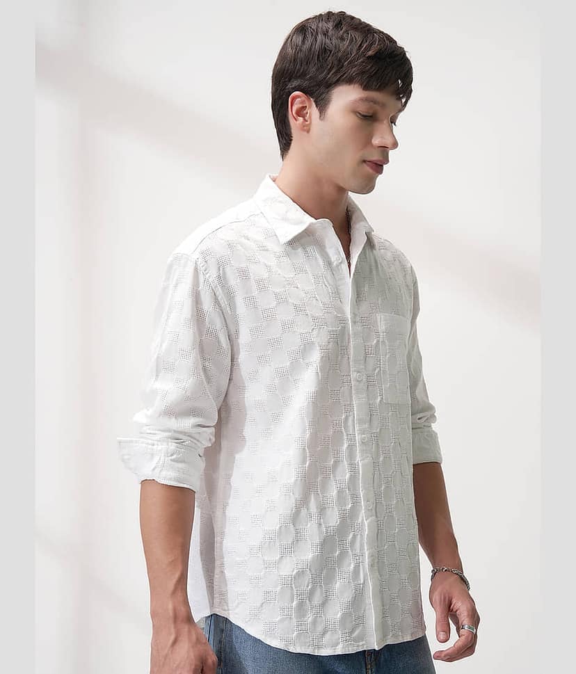 Highlander 100% Cotton Relaxed Fit Self Design Full Sleeves Men's Casual Shirt - White ( Pack of 1 ) view 6