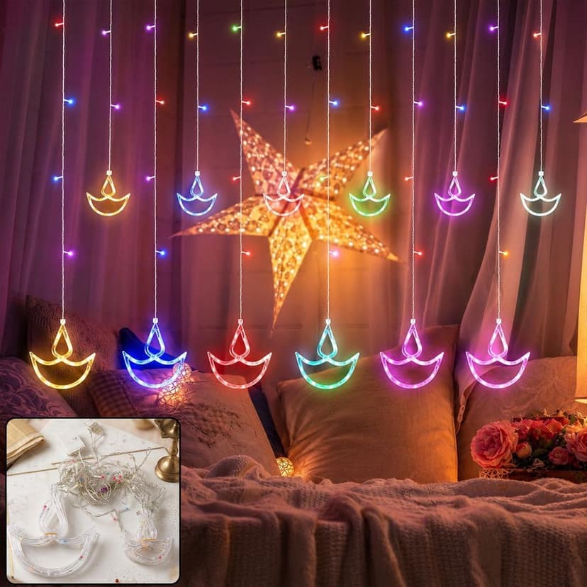 Multicolour LED Diya Curtain Light Series for Diwali Decor (12 Hanging Diyas)