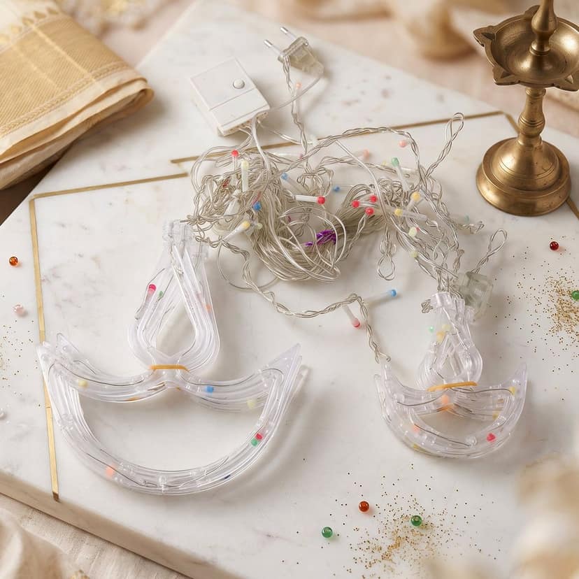 Multicolour LED Diya Curtain Light Series for Diwali Decor (12 Hanging Diyas) view 2
