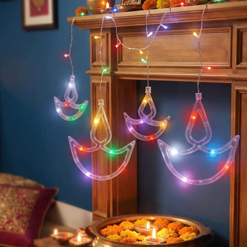 Multicolour LED Diya Curtain Light Series for Diwali Decor (12 Hanging Diyas) view 3