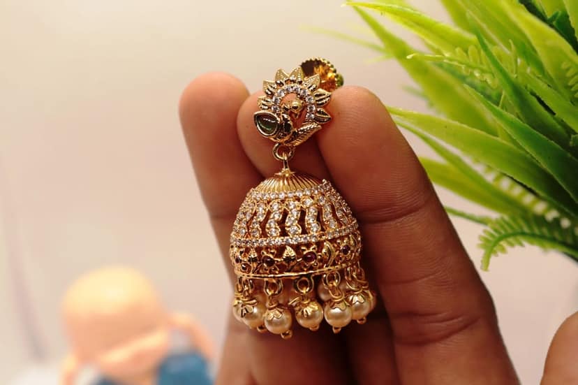 Stunning Pearl and Cubic Zirconia Jhumka Earrings in Gold Plated Alloy view 3