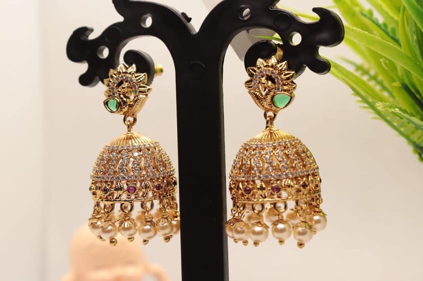 Stunning Pearl and Cubic Zirconia Jhumka Earrings in Gold Plated Alloy view 4
