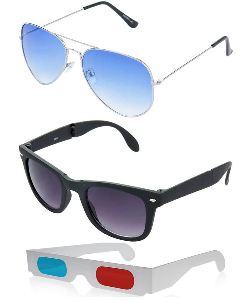 HRINKAR Pilot And Rectangular Stylish Sunglasses For Men And Women (Blue And Grey Lens | Silver And Black Frame - HCMB039) With Free Paper 3D Glass
