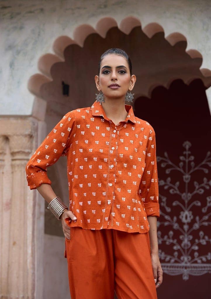 HOC Crafts Glazed Cotton Hand Block Printed with Hand Embroidery Women's 2 PC Co-ord Set - Orange view 2