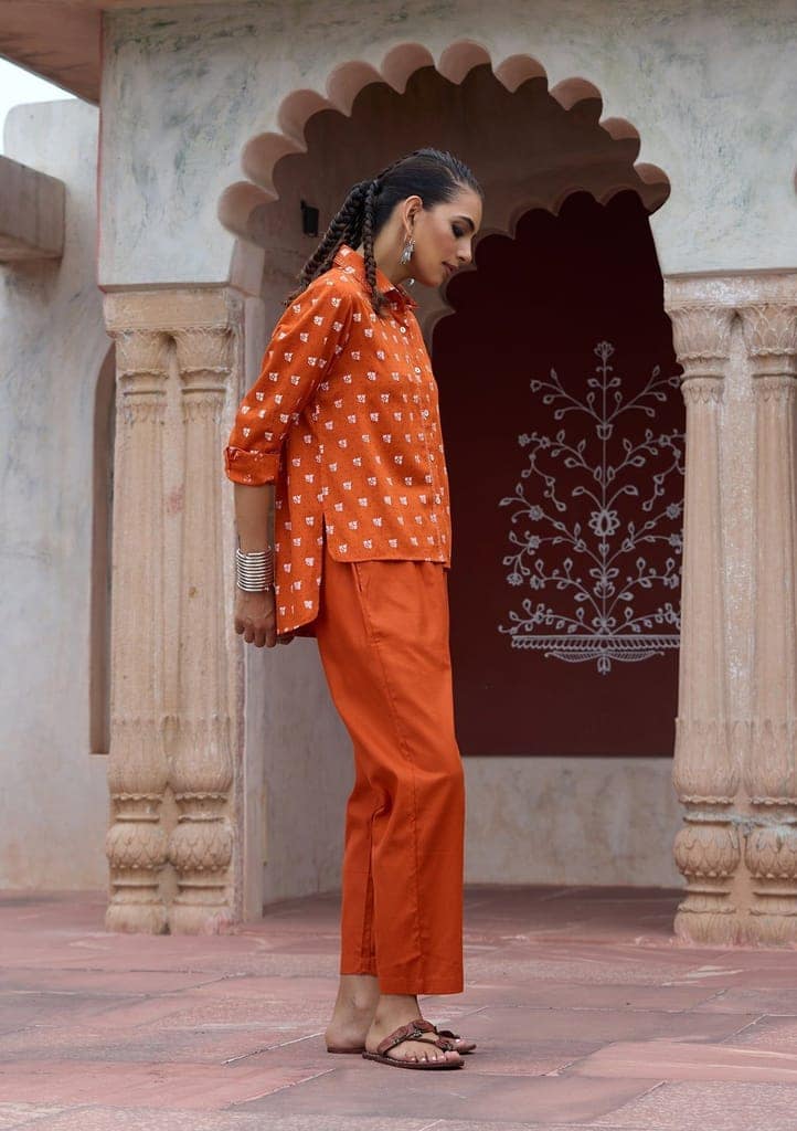 HOC Crafts Glazed Cotton Hand Block Printed with Hand Embroidery Women's 2 PC Co-ord Set - Orange view 3