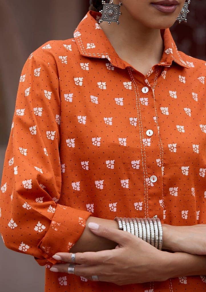 HOC Crafts Glazed Cotton Hand Block Printed with Hand Embroidery Women's 2 PC Co-ord Set - Orange view 4