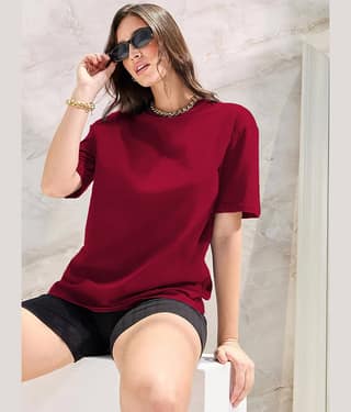Leotude Women Cotton Blend Solid Oversized Fit Round Neck T-Shirt ( Maroon )