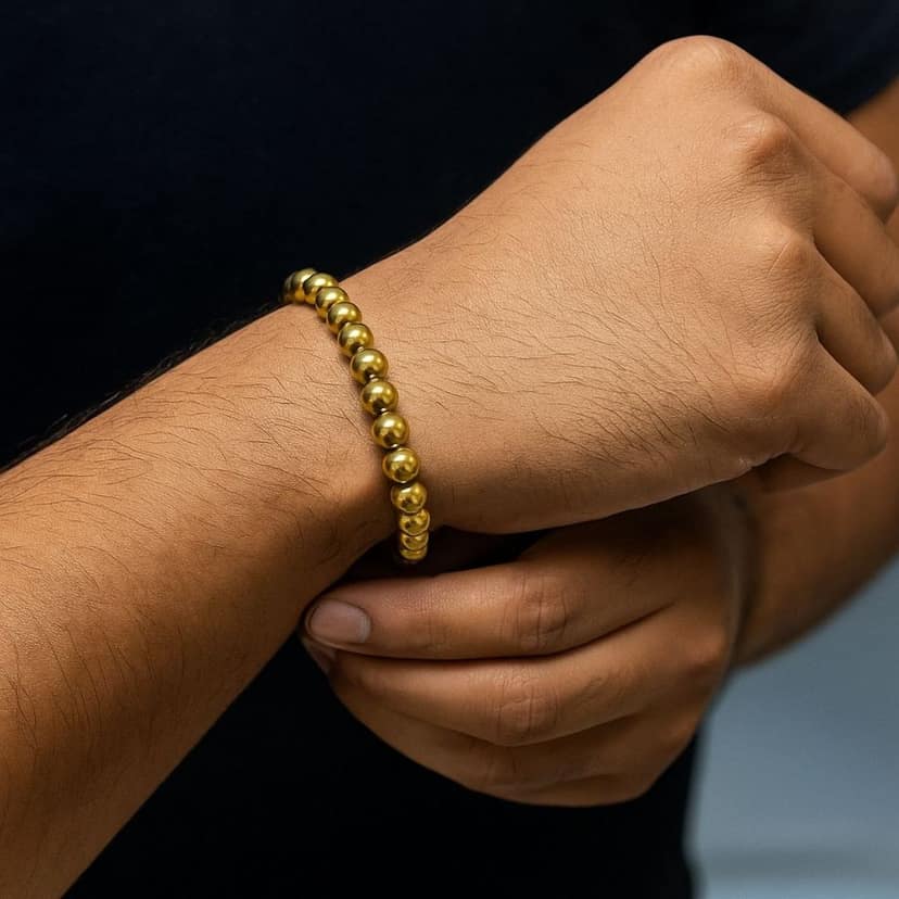 Golden Hematite Bracelet – Natural Stone Beaded Energy Bracelet for Men and Women, Adjustable Stretch Jewelry Gift view 2