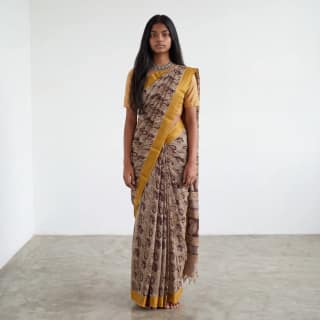 Pedana Kalamkari Block-Print Saree in Beige with Mustard Border
