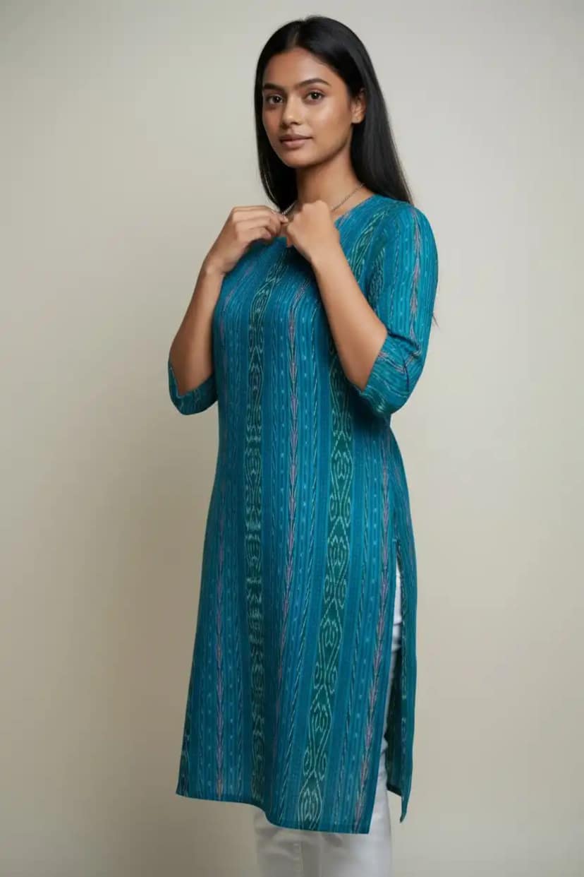 Handwoven Sambalpuri Cotton Kurti in Blue with Bandha Tie-Dye view 2