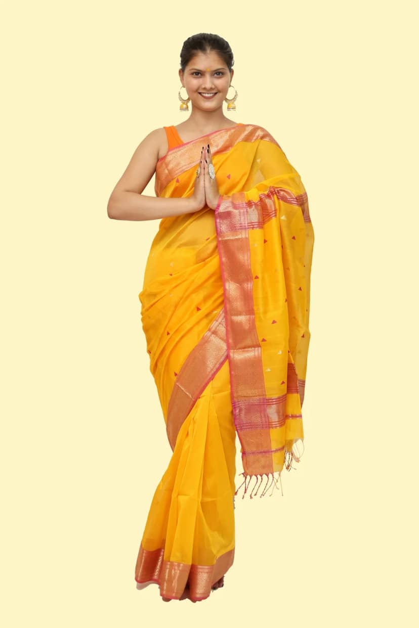 Classy Yellow Pink Choka Borcade handloom Saree with Tassels view 3