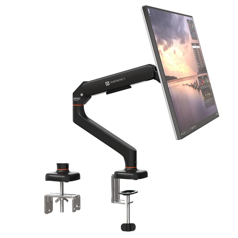 Portronics Aerolift Solo Monitor Desk Mount Arm, VESA 75x75 & 100x100 mm, Full Motion Tilt/Swivel/Rotation, C-Clamp & Grommet Installation, Aluminium Build - Black