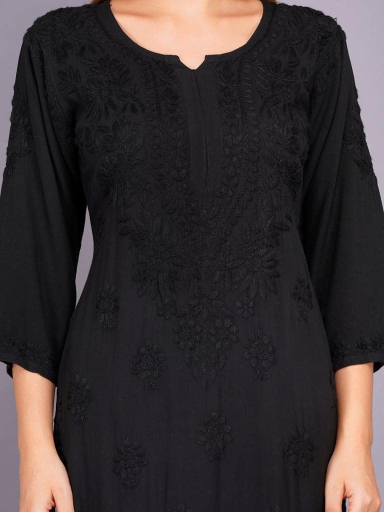 Mrs Right Women's Handcrafted Lucknow Chikankari Top | Premium 22 Kg Reyon Fabric |Black Embroidered Casual Ethnic Kurti view 3
