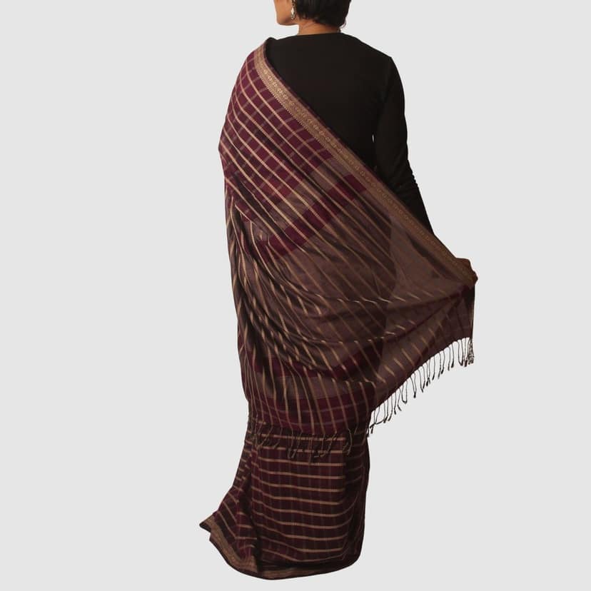Wine Maroon Maheshwari Silk Cotton Saree with Golden Checkered Pattern and Zari Border view 2