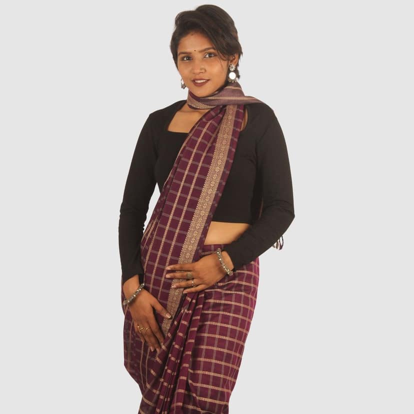 Wine Maroon Maheshwari Silk Cotton Saree with Golden Checkered Pattern and Zari Border view 3