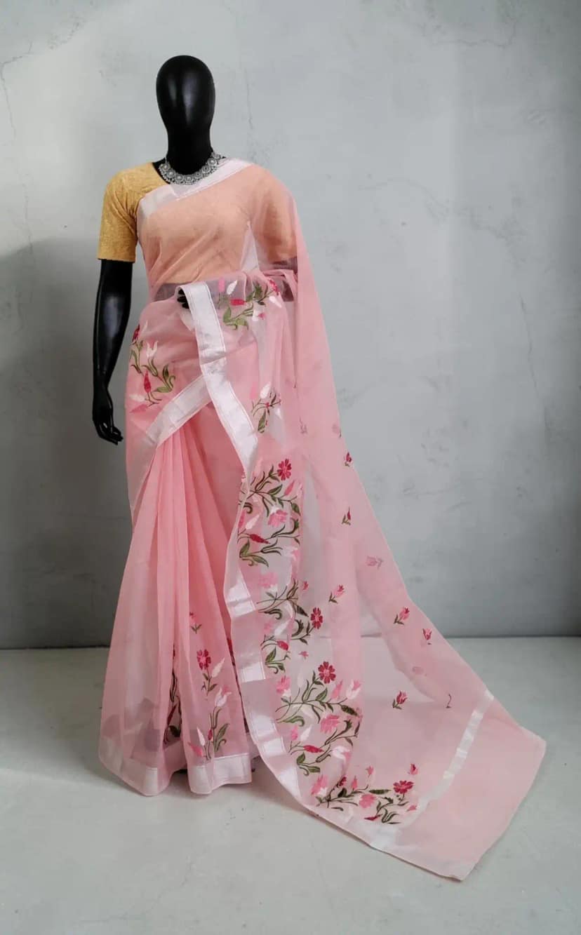 Baby Pink Kota Doria Cotton-Silk Saree with Block-Printed Florals
