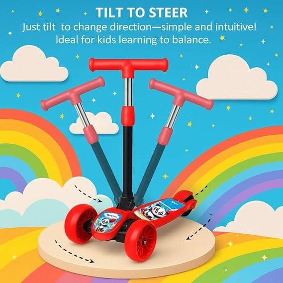 Kids Scooter Panda - 3 PVC Wheel Kick for Kids with Adjustable Foldable Design, Skating Style Alternative to Cycle, Ideal Up to 50 Kg,Red view 2