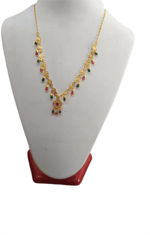 Delicate Gold-Plated Necklace with Pink and Green Beads view 2