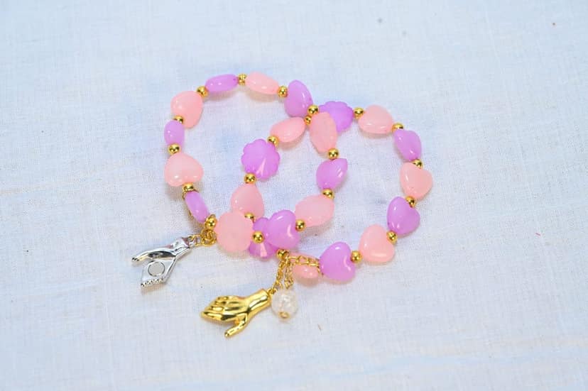 Beaded Charm Bracelet with Pink and Purple Heart Beads view 2