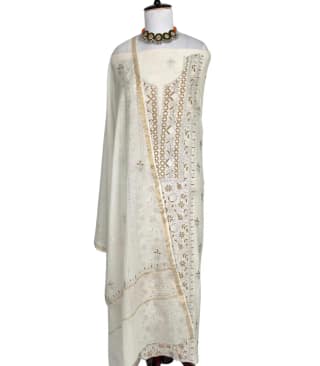 Chikankari Mul Chanderi Dress Material Ivory Tonal Floral