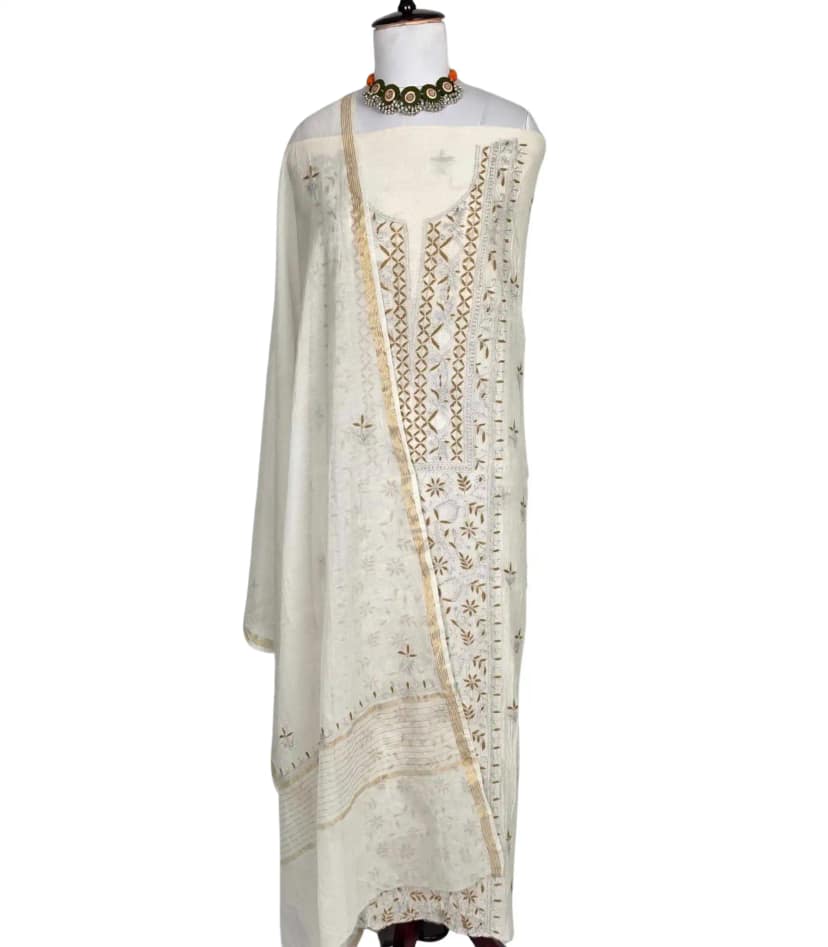 Chikankari Mul Chanderi Dress Material Ivory Tonal Floral
