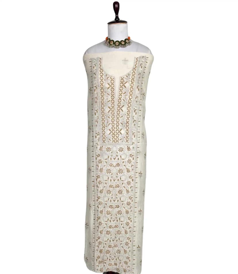 Chikankari Mul Chanderi Dress Material Ivory Tonal Floral view 2