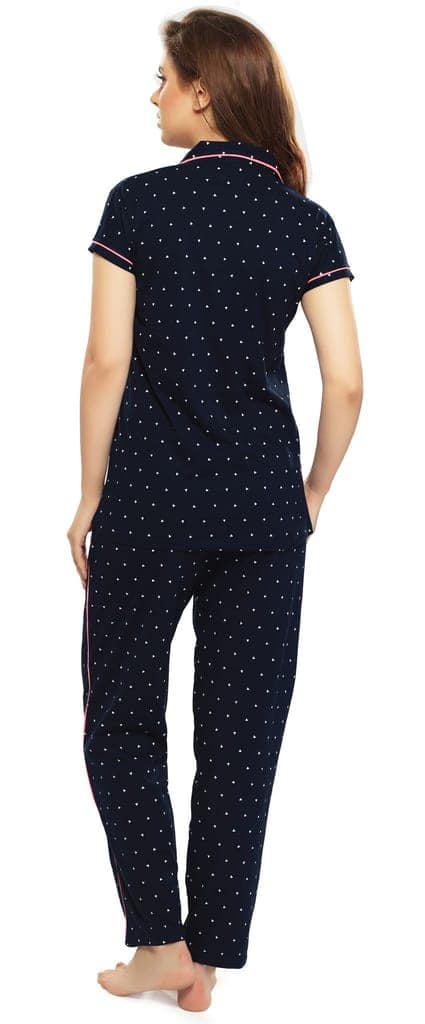ZEYO Women's Cotton Navy Blue & Green Triangle Printed Stylish Night suit set view 3