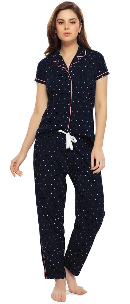 ZEYO Women's Cotton Navy Blue & Green Triangle Printed Stylish Night suit set view 4