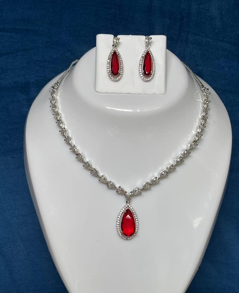Premium Allia inspired American Diamond and Ruby Red Stone Necklace Set
