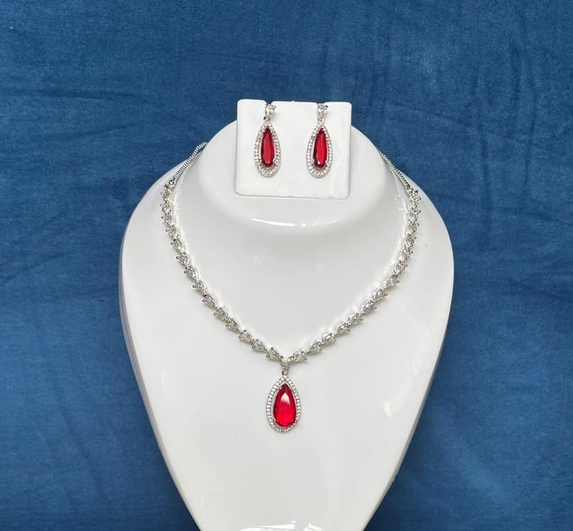 Premium Allia inspired American Diamond and Ruby Red Stone Necklace Set view 2